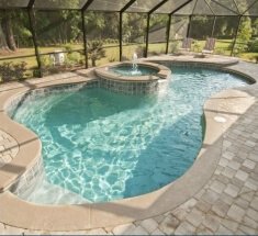 Concrete Pool with Spa, Spa Spillover, Bench, Sunshelf and Bubblers
